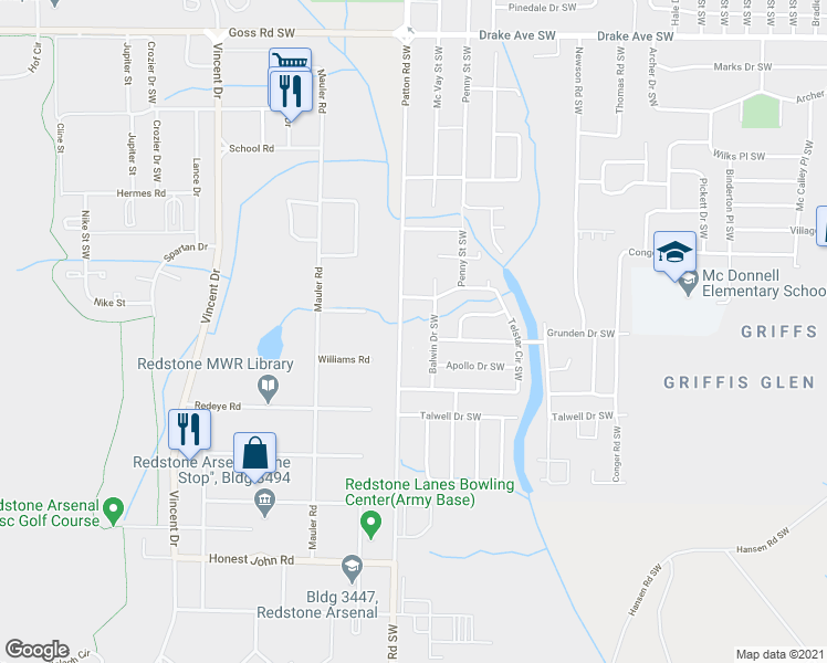 map of restaurants, bars, coffee shops, grocery stores, and more near 4306 Balwin Drive Southwest in Huntsville