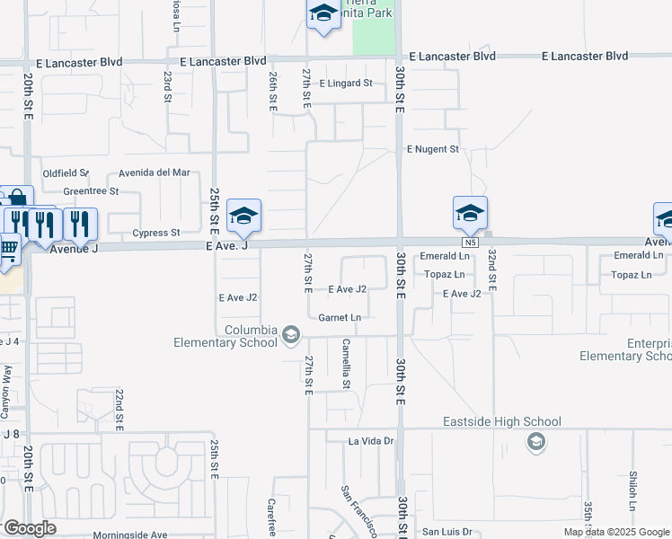map of restaurants, bars, coffee shops, grocery stores, and more near 44329 Camellia Street in Lancaster