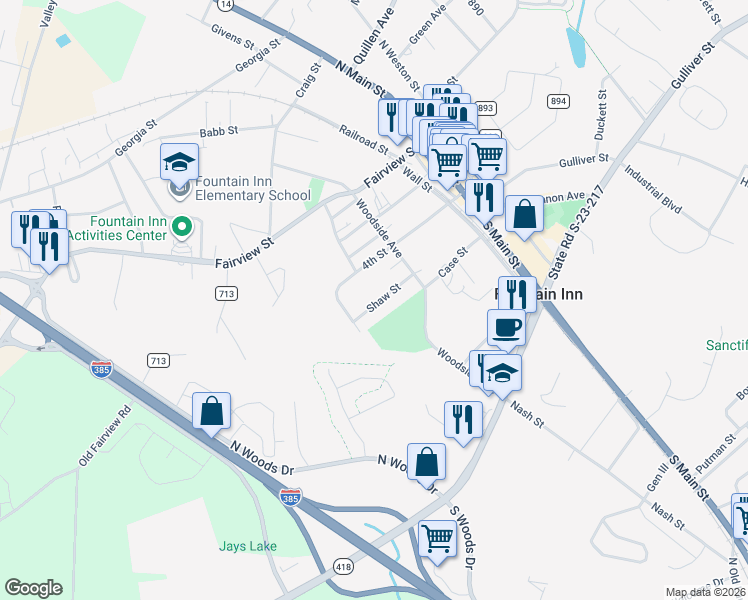 map of restaurants, bars, coffee shops, grocery stores, and more near 114 Shaw Street in Fountain Inn