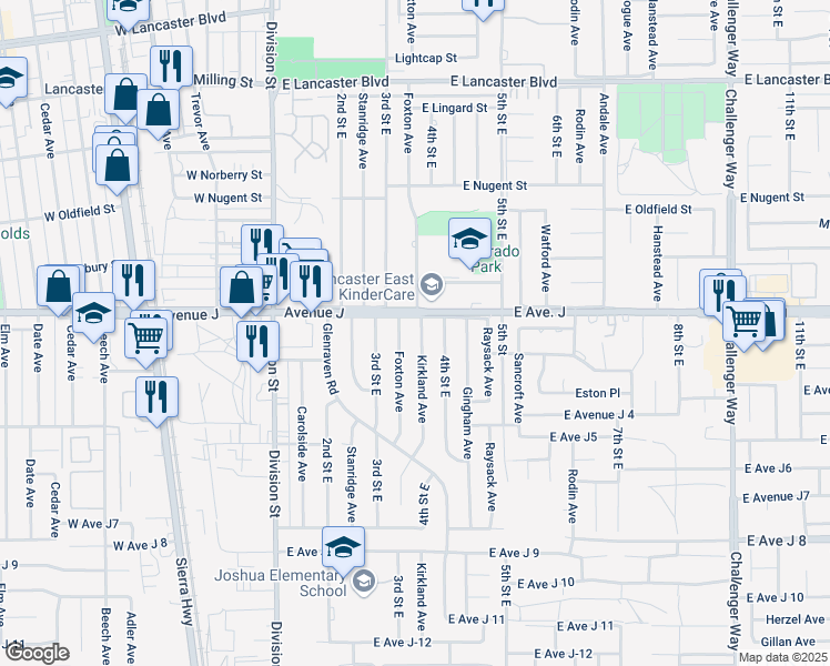 map of restaurants, bars, coffee shops, grocery stores, and more near 44347 Kirkland Avenue in Lancaster