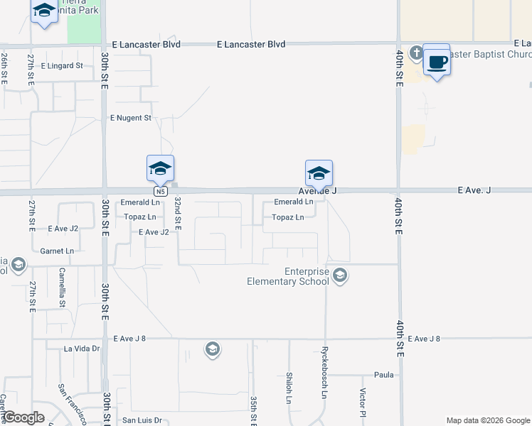 map of restaurants, bars, coffee shops, grocery stores, and more near 3525 Topaz Lane in Lancaster