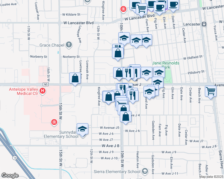 map of restaurants, bars, coffee shops, grocery stores, and more near 1008 West Avenue J in Lancaster