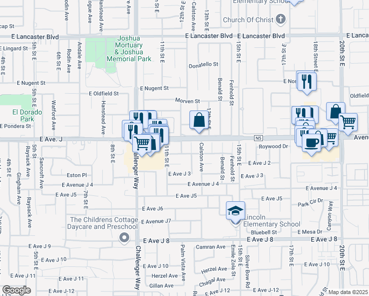 map of restaurants, bars, coffee shops, grocery stores, and more near 44312 Palm Vista Avenue in Lancaster
