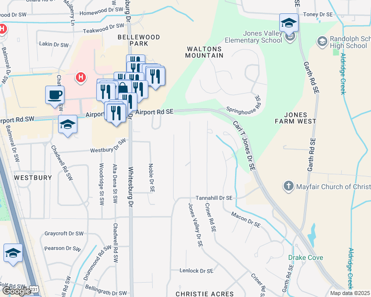 map of restaurants, bars, coffee shops, grocery stores, and more near 5722 Jones Valley Drive Southeast in Huntsville
