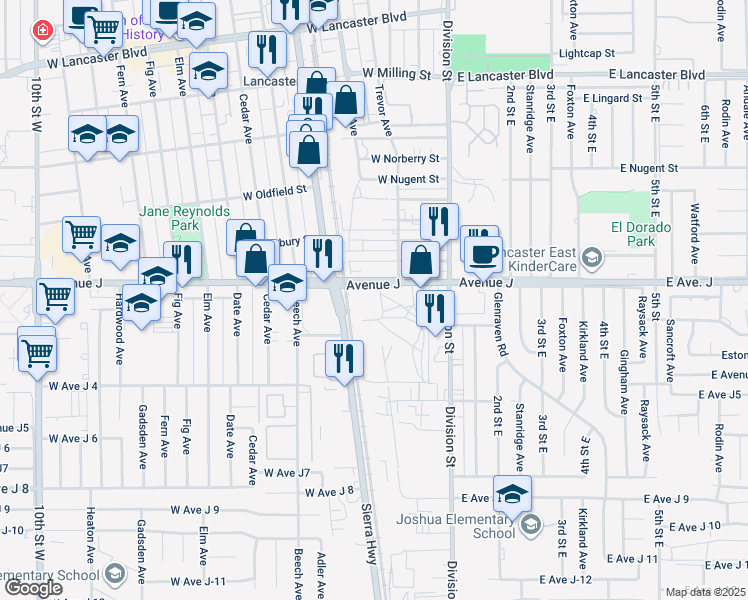 map of restaurants, bars, coffee shops, grocery stores, and more near 412 West Avenue J in Lancaster