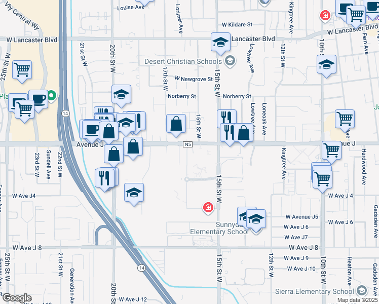 map of restaurants, bars, coffee shops, grocery stores, and more near 1640 Avenue J in Lancaster