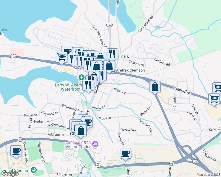 map of restaurants, bars, coffee shops, grocery stores, and more near 272 Riggs Drive in Clemson