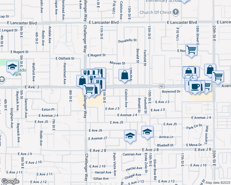 map of restaurants, bars, coffee shops, grocery stores, and more near 44312 Palm Vista Avenue in Lancaster