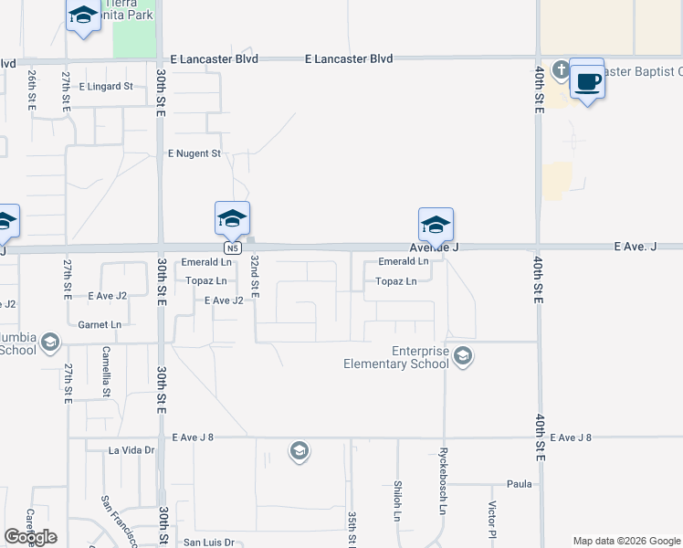 map of restaurants, bars, coffee shops, grocery stores, and more near 44326 Homestead Street in Lancaster