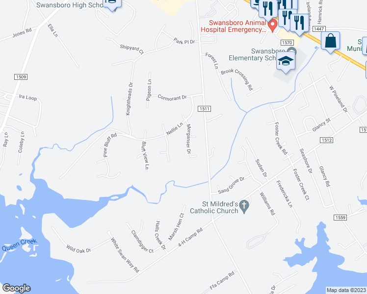 map of restaurants, bars, coffee shops, grocery stores, and more near 912 Morganser Drive in Swansboro