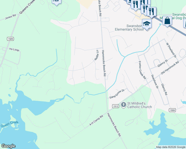 map of restaurants, bars, coffee shops, grocery stores, and more near 707 Shearwater Lane in Swansboro