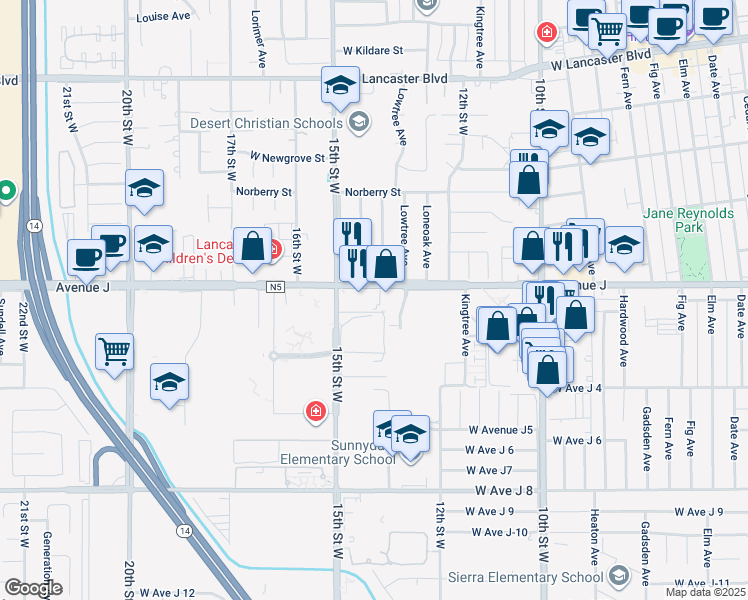 map of restaurants, bars, coffee shops, grocery stores, and more near 1314 West Avenue J in Lancaster