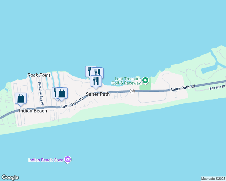 map of restaurants, bars, coffee shops, grocery stores, and more near 1104 Salter Path Road in Atlantic Beach