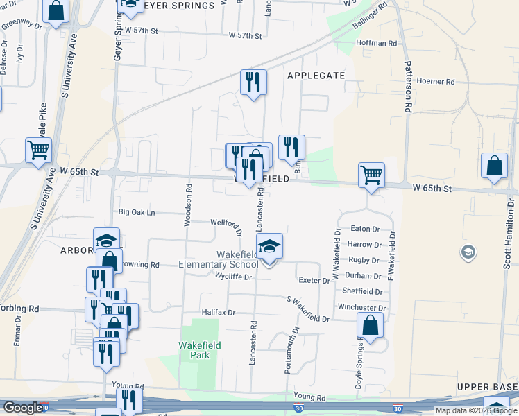 map of restaurants, bars, coffee shops, grocery stores, and more near 6521 Lancaster Road in Little Rock