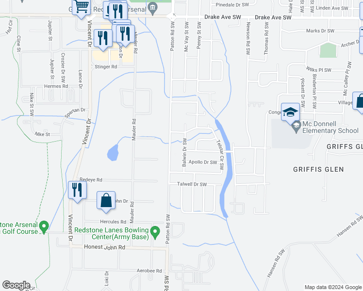 map of restaurants, bars, coffee shops, grocery stores, and more near 4306 Balwin Drive Southwest in Huntsville