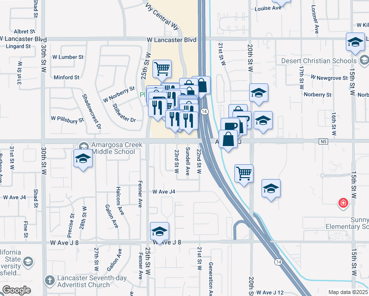 map of restaurants, bars, coffee shops, grocery stores, and more near 44351 Sundell Avenue in Lancaster