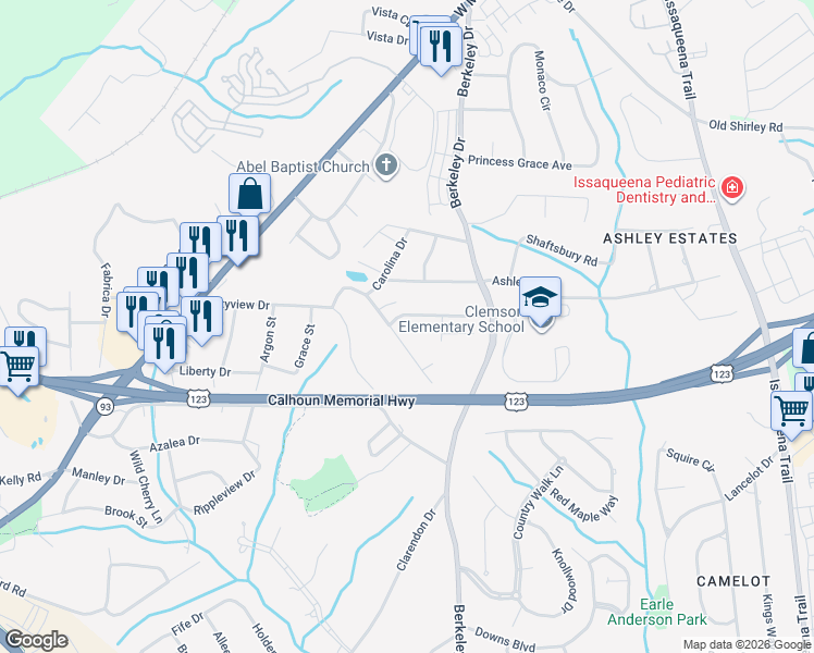 map of restaurants, bars, coffee shops, grocery stores, and more near 100 Karen Drive in Clemson