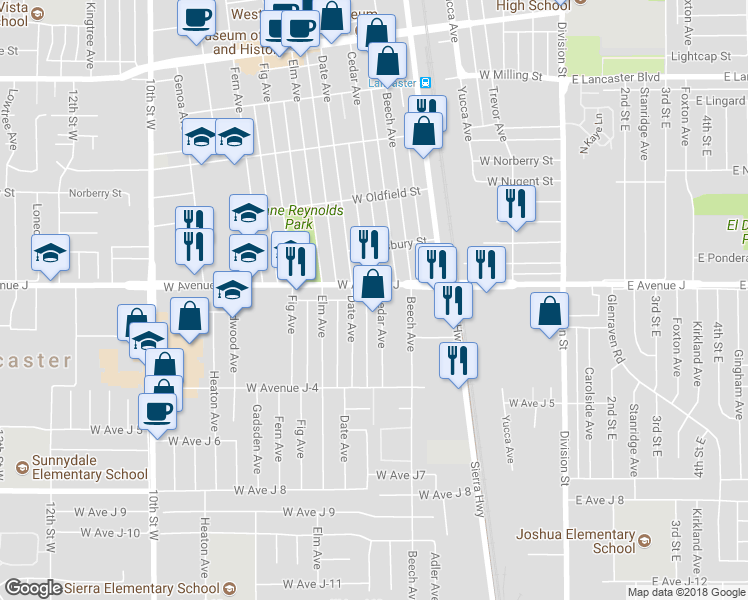 map of restaurants, bars, coffee shops, grocery stores, and more near 44351 Cedar Avenue in Lancaster