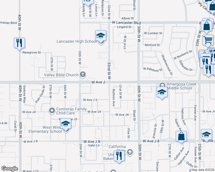 map of restaurants, bars, coffee shops, grocery stores, and more near 26 32nd Street East in Lancaster