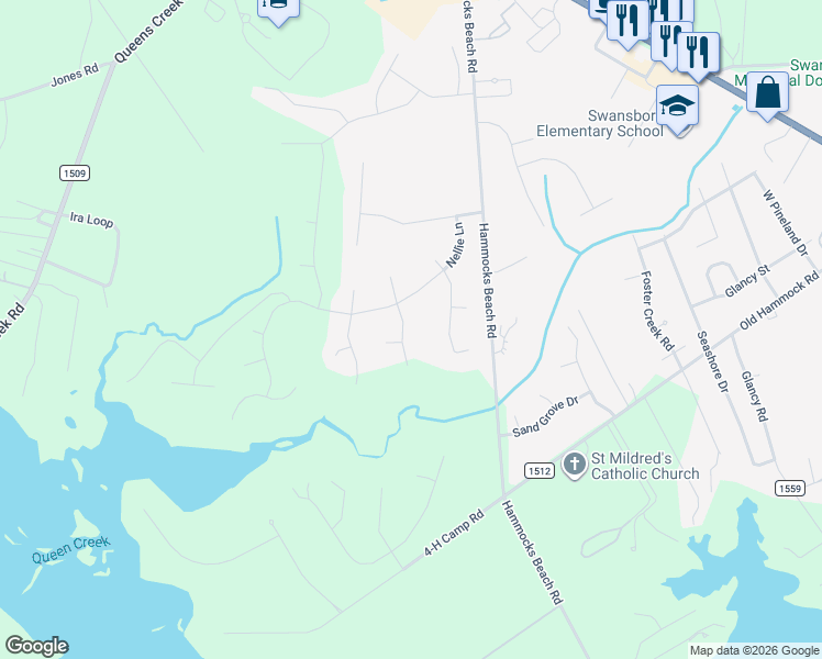 map of restaurants, bars, coffee shops, grocery stores, and more near 707 Shearwater Lane in Swansboro