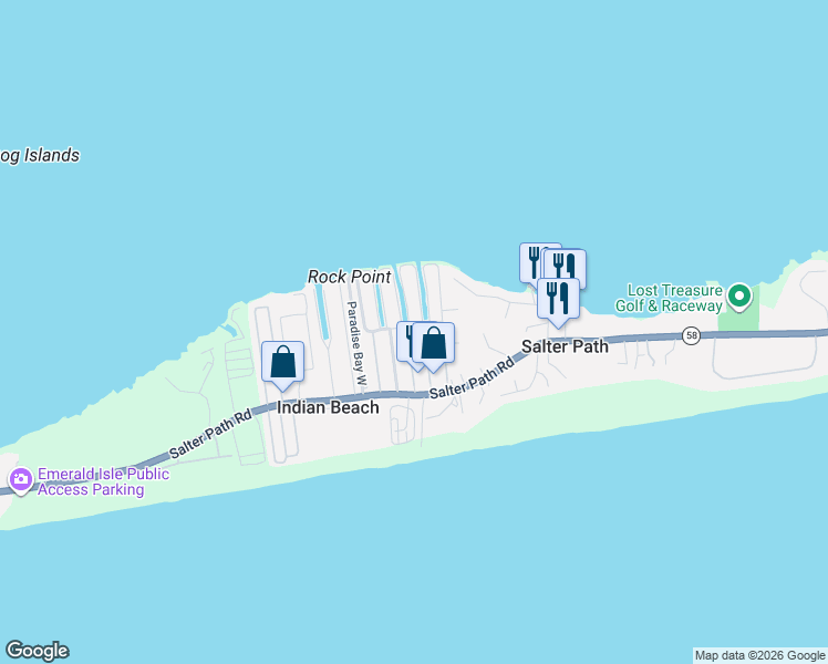 map of restaurants, bars, coffee shops, grocery stores, and more near 122 Ballpark Road in Salter Path