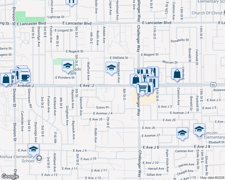 map of restaurants, bars, coffee shops, grocery stores, and more near 750 East Avenue J in Lancaster