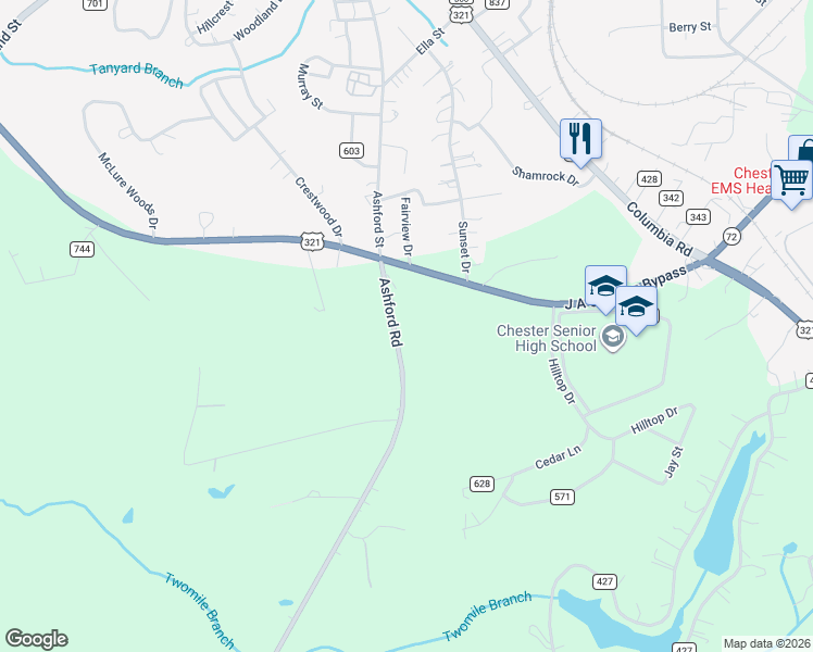 map of restaurants, bars, coffee shops, grocery stores, and more near 510 Ashford Road in Chester
