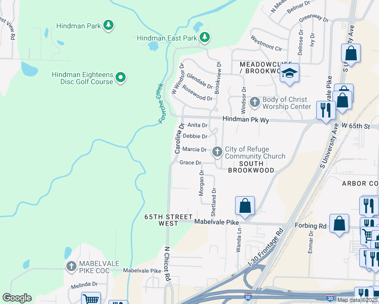 map of restaurants, bars, coffee shops, grocery stores, and more near 7409 Marcia Drive in Little Rock
