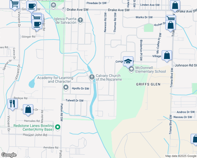 map of restaurants, bars, coffee shops, grocery stores, and more near 3916 Grunden Drive Southwest in Huntsville