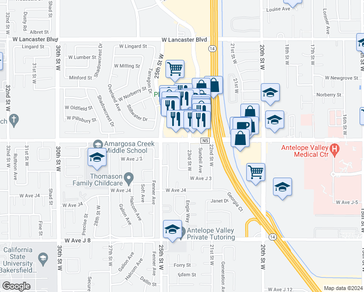map of restaurants, bars, coffee shops, grocery stores, and more near 44346 Albeck Avenue in Lancaster