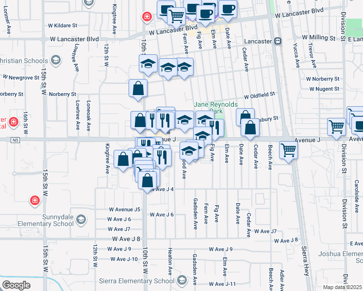 map of restaurants, bars, coffee shops, grocery stores, and more near 840 West Avenue J in Lancaster