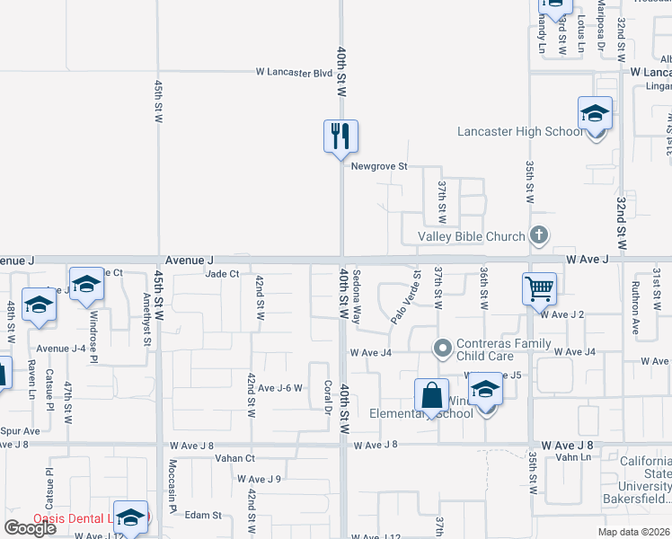map of restaurants, bars, coffee shops, grocery stores, and more near 4005 Vía Constance in Lancaster