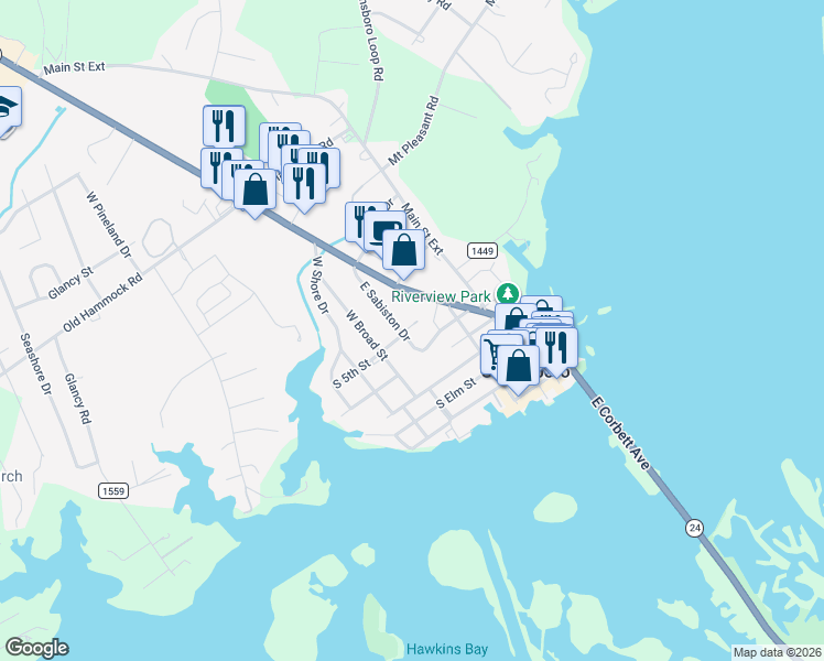 map of restaurants, bars, coffee shops, grocery stores, and more near 602 East Sabiston Drive in Swansboro