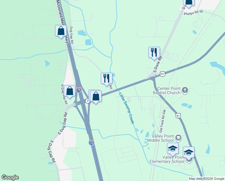 map of restaurants, bars, coffee shops, grocery stores, and more near 252-254 South Bypass in Dalton