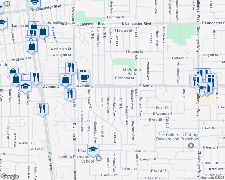 map of restaurants, bars, coffee shops, grocery stores, and more near 44347 Kirkland Avenue in Lancaster