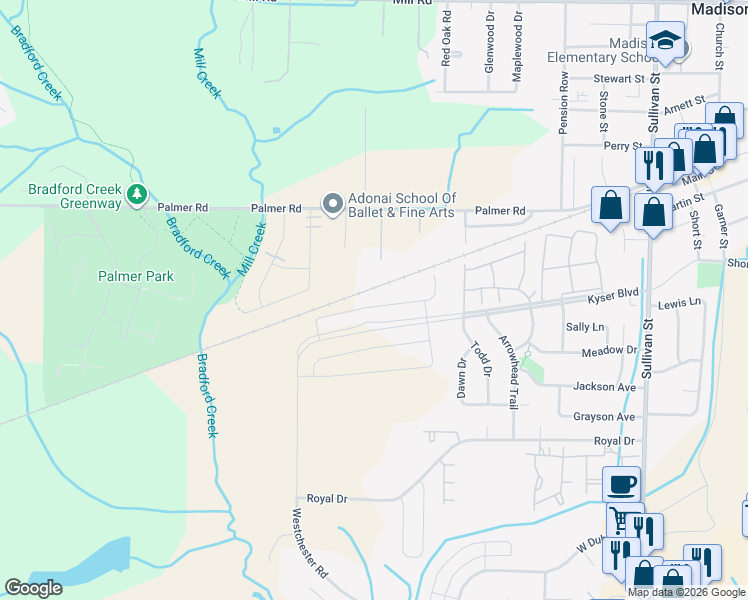 map of restaurants, bars, coffee shops, grocery stores, and more near 250 Palmer Road in Madison