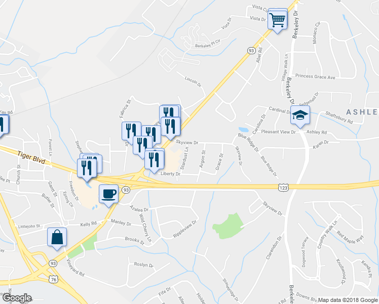 map of restaurants, bars, coffee shops, grocery stores, and more near 105 Stardust Lane in Clemson