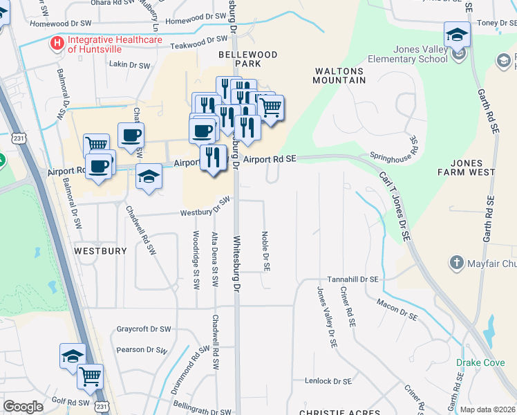 map of restaurants, bars, coffee shops, grocery stores, and more near 104 Noble Drive Southeast in Huntsville