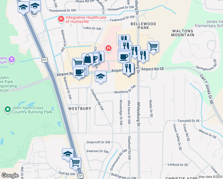 map of restaurants, bars, coffee shops, grocery stores, and more near 122 Westbury Drive Southwest in Huntsville