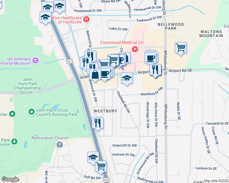 map of restaurants, bars, coffee shops, grocery stores, and more near 201 Queensbury Drive Southwest in Huntsville