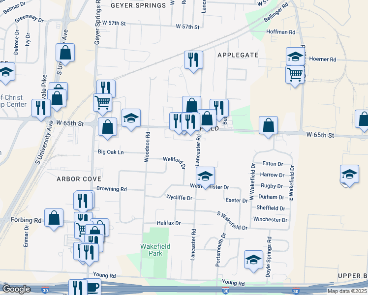 map of restaurants, bars, coffee shops, grocery stores, and more near 6600 Lancaster Road in Little Rock