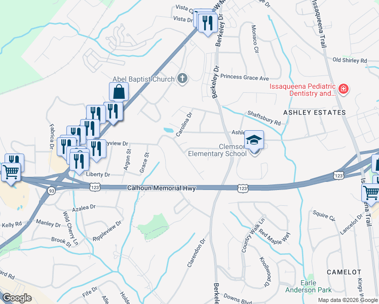 map of restaurants, bars, coffee shops, grocery stores, and more near 100 Karen Drive in Clemson