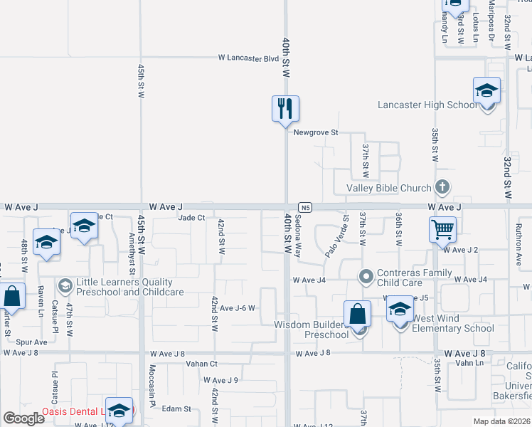 map of restaurants, bars, coffee shops, grocery stores, and more near 4033 Vía Constance in Lancaster