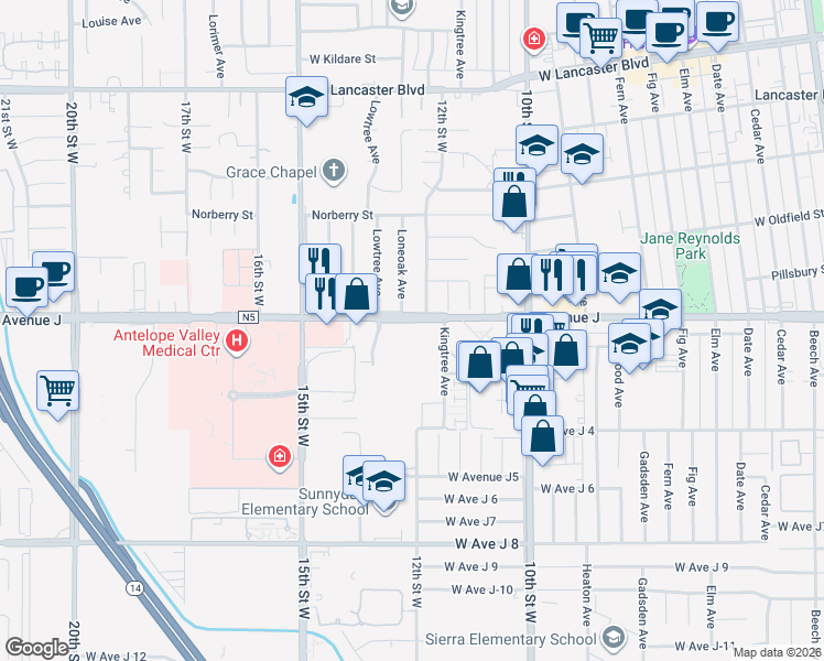 map of restaurants, bars, coffee shops, grocery stores, and more near 1202 West Avenue J in Lancaster