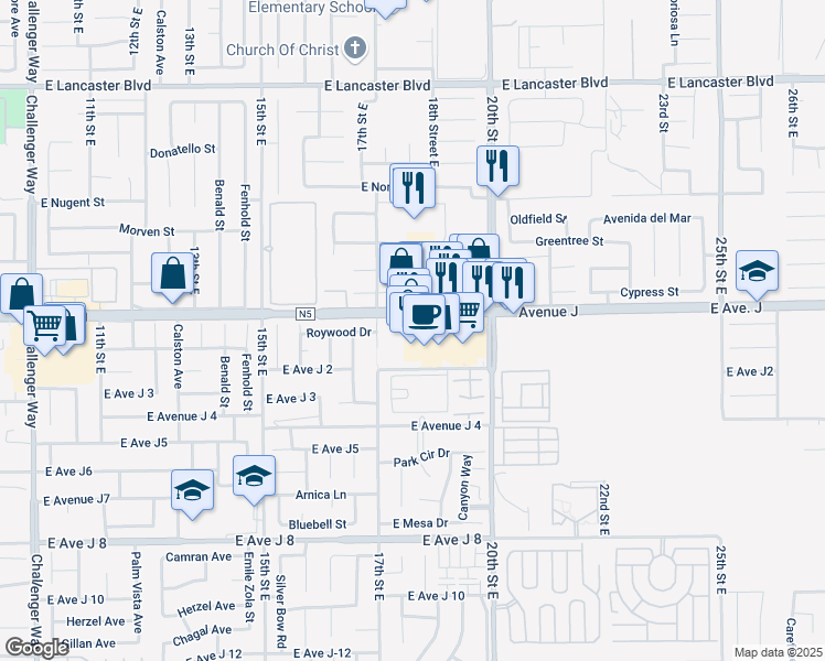 map of restaurants, bars, coffee shops, grocery stores, and more near 1748 East Avenue J in Lancaster