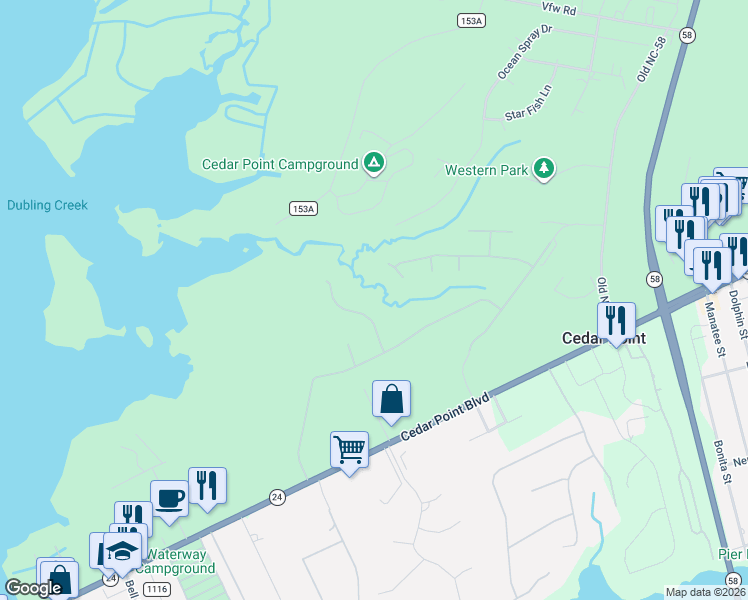 map of restaurants, bars, coffee shops, grocery stores, and more near 110 Sweet Grass Trail in Cedar Point