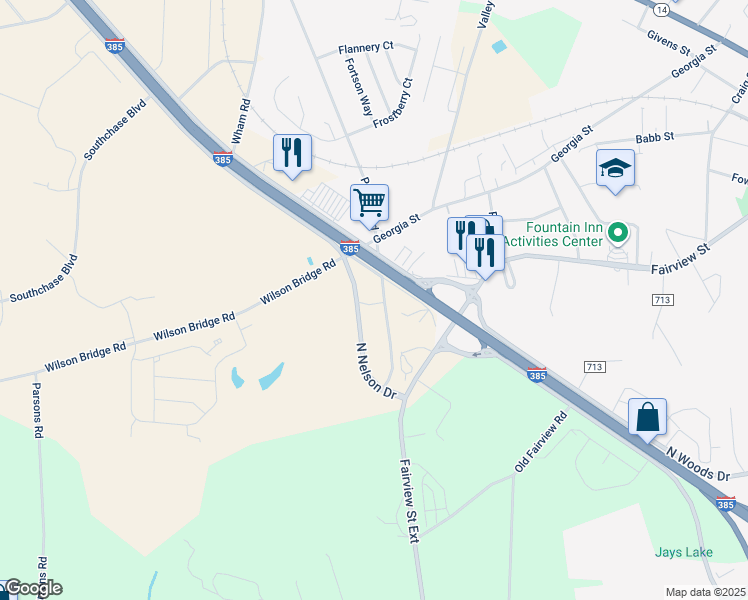 map of restaurants, bars, coffee shops, grocery stores, and more near 119 Putman Lane in Fountain Inn