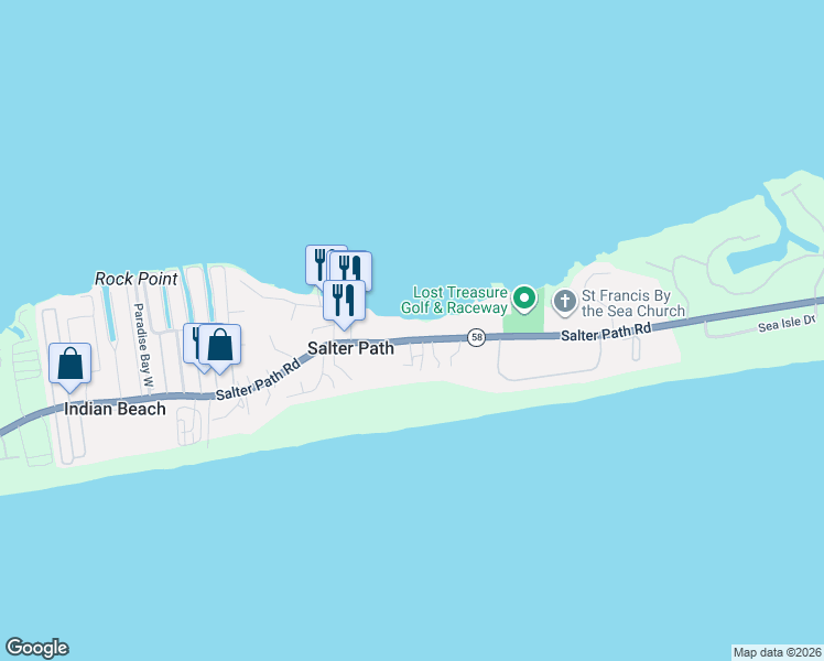 map of restaurants, bars, coffee shops, grocery stores, and more near 1114 Salter Path Road in Atlantic Beach