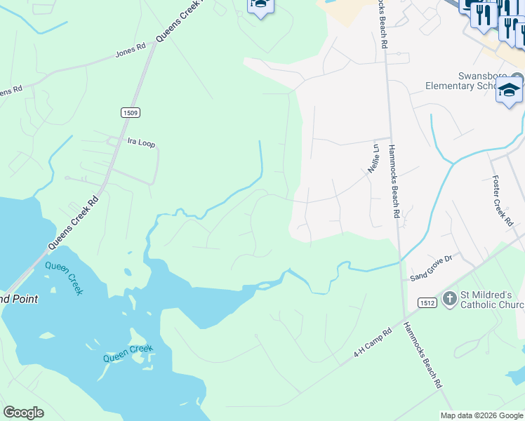 map of restaurants, bars, coffee shops, grocery stores, and more near 107 Pine Bluff Road in Cape Carteret