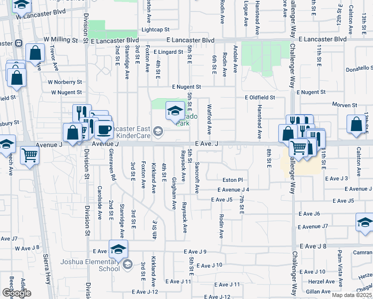 map of restaurants, bars, coffee shops, grocery stores, and more near 44330 Raysack Avenue in Lancaster